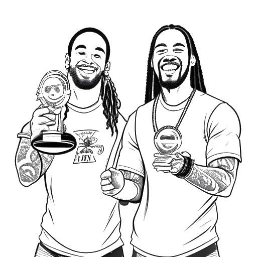 Desenho em arte linear de dois homens representando Jey e Jimmy Uso segurando os prêmios Slammy, sorrindo em um fundo branco