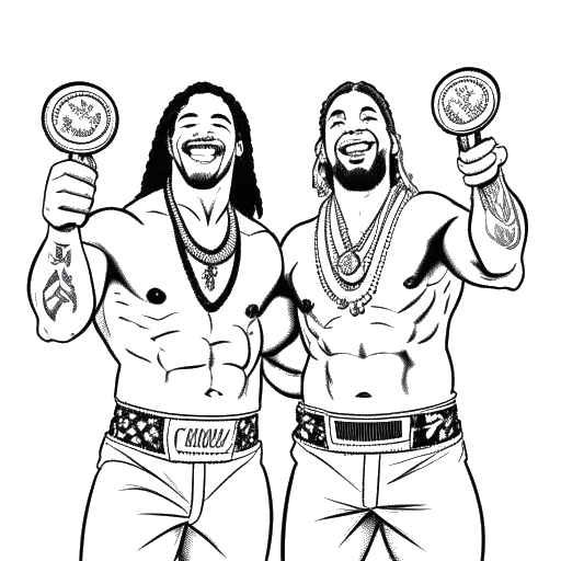 Disegno in stile line art di due uomini che rappresentano Jey e Jimmy Uso sollevando cinture di campione, sorridendo trionfanti su sfondo bianco