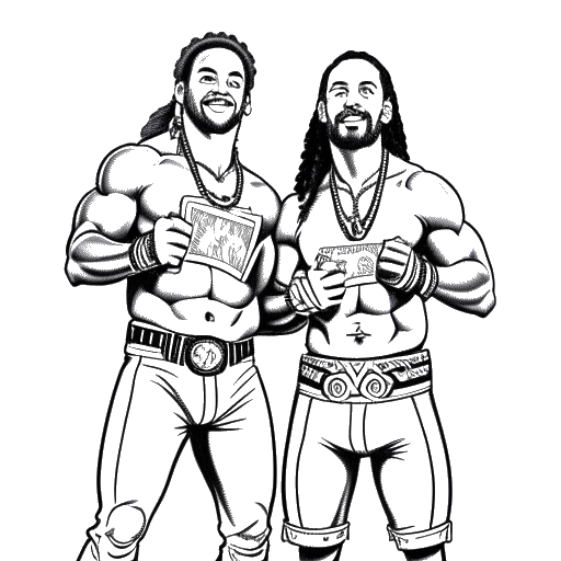 Line art drawing of two men representing Jey and Jimmy Uso holding up the SmackDown and RAW Tag Team Championship belts against a white backdrop