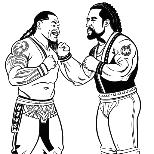Lijntekening van twee mannen die Jey en Jimmy Uso vertegenwoordigen in worsteltenue, naar elkaar wijzend tegen een witte achtergrond