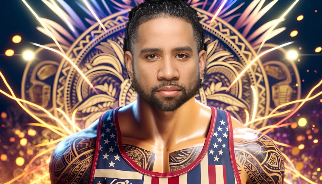 Jey Uso mit intensivem Blick, ärmellosem Shirt und Tattoos, vor einem samoanischen Hintergrund mit Meisterschaftsgürteln und Wrestling-Ringlichtern.