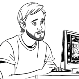 Dibujo a línea de PewDiePie vendiendo sus obras de arte para comprar una computadora, simbolizando su decisión de cambiar el enfoque hacia su carrera en YouTube. La imagen está representada en blanco y negro sobre un fondo blanco.