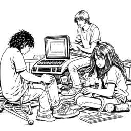 Lijn kunsttekening van een jongen met lang haar die Super Nintendo Entertainment System speelt in een internetcafé, wat PewDiePie's vroege passie voor gaming en zijn hechte vriendengroep symboliseert. De afbeelding is in zwart-wit tegen een witte achtergrond afgebeeld.