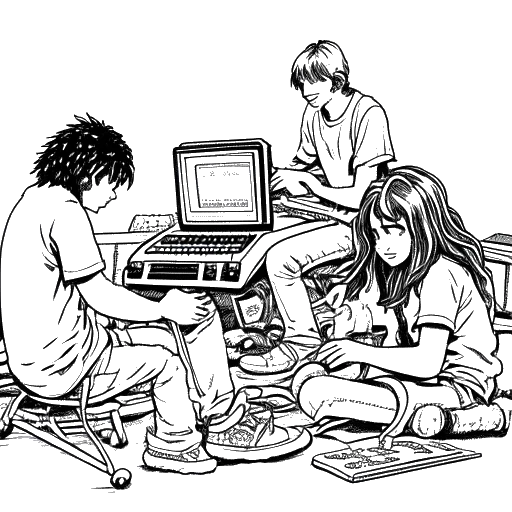 Line art drawing of a boy with long hair playing Super Nintendo Entertainment System in an Internet café, representing PewDiePie's early passion for gaming and his close group of friends. The image is depicted in black and white against a white backdrop.
