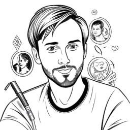 Line art drawing of PewDiePie's influence on digital content creation and internet culture, underscoring his significant and enduring impact. The image is depicted in black and white against a white backdrop.