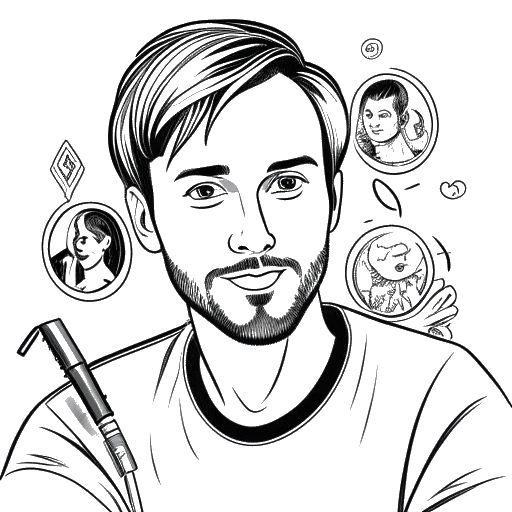Line art drawing of PewDiePie's influence on digital content creation and internet culture, underscoring his significant and enduring impact. The image is depicted in black and white against a white backdrop.