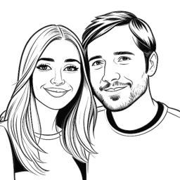 Lijn kunsttekening van PewDiePie met Marzia, wat hun relatie en persoonlijke reis symboliseert. De afbeelding is in zwart-wit tegen een witte achtergrond afgebeeld.