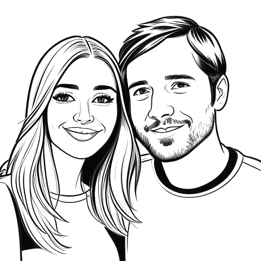 Desenho em arte linear de PewDiePie com Marzia, simbolizando seu relacionamento e jornada pessoal. A imagem é retratada em preto e branco em um fundo branco.