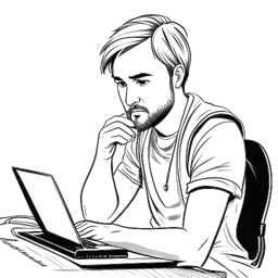 Dessin en noir et blanc de PewDiePie créant du contenu sur YouTube, démontrant son engagement et son enthousiasme pour la création vidéo. L'image est représentée en noir et blanc sur fond blanc.