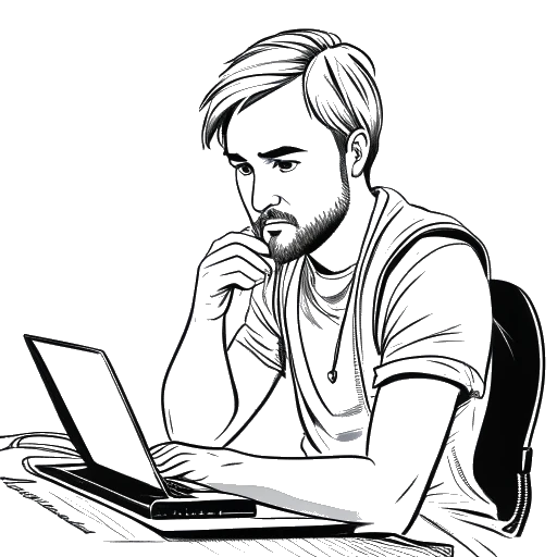 Lijn kunsttekening van PewDiePie die content creëert op YouTube, waarbij zijn toewijding en enthousiasme voor videoproductie worden gedemonstreerd. De afbeelding is in zwart-wit tegen een witte achtergrond afgebeeld.