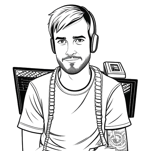 Dibujo de arte lineal de PewDiePie, un hombre con el pelo corto y una apariencia juvenil. El fondo muestra su éxito y riqueza, incluyendo elementos como pilas de dinero, un botón de reproducción de YouTube, un portátil y una consola de juegos, todo sobre un fondo blanco.