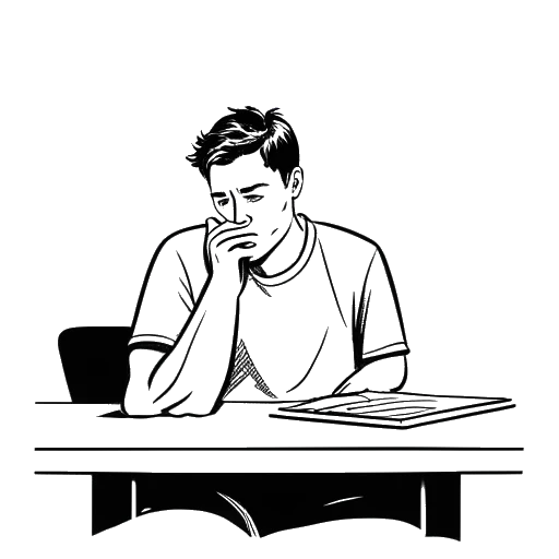 Line art drawing of a young man, representing PewDiePie, sitting at a desk with his head in his hands