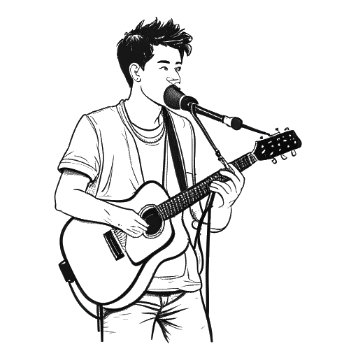 Line art drawing of a young man, representing PewDiePie, holding a camera, a microphone, and a guitar