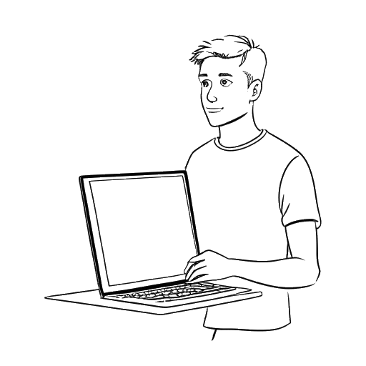 Line art drawing of a young man, representing PewDiePie, holding a painting and a computer
