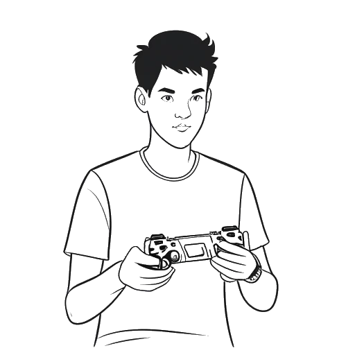 Line art drawing of a young man, representing PewDiePie, holding a game controller and a game box