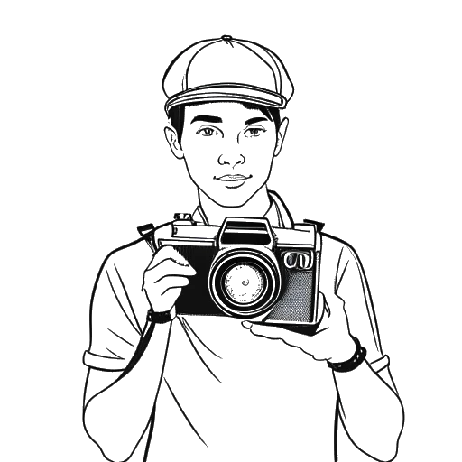 Line art drawing of a young man, representing PewDiePie, wearing a sailor hat and holding a camera