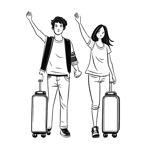 Line art drawing of a couple, representing PewDiePie and Marzia Bisognin, holding suitcases and waving goodbye
