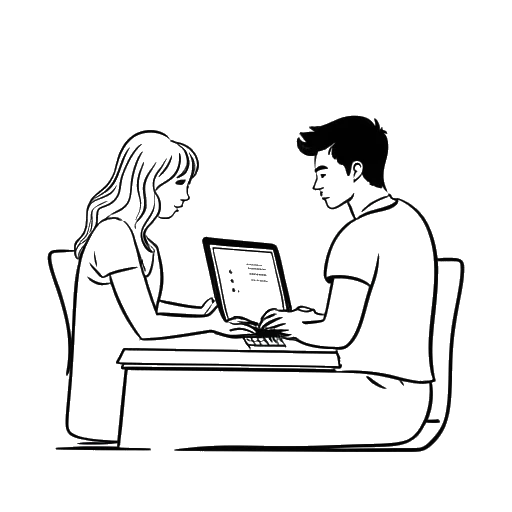 Lijntekening van een stel, die PewDiePie en Marzia Bisognin vertegenwoordigen, die elkaars hand vasthouden en naar een computerscherm kijken