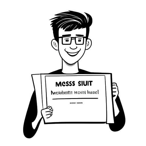 Line art drawing of a young man, representing PewDiePie, holding a certificate for the most-subscribed channel