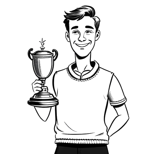 Line art drawing of a young man, representing PewDiePie, holding a trophy for most subscribers gained