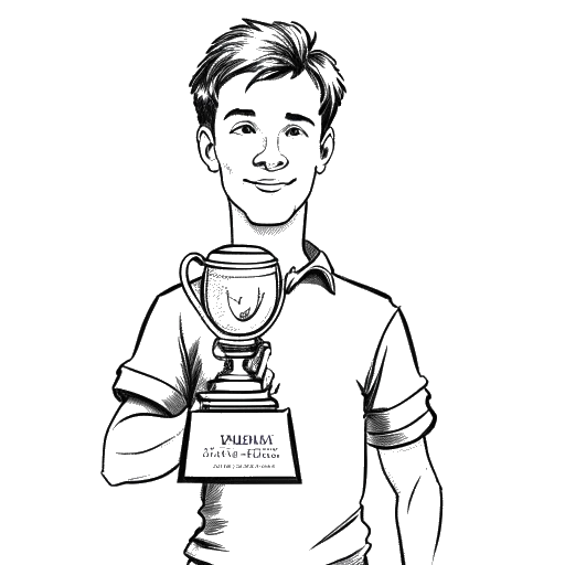 Line art drawing of a young man, representing PewDiePie, holding a trophy for the most-viewed channel