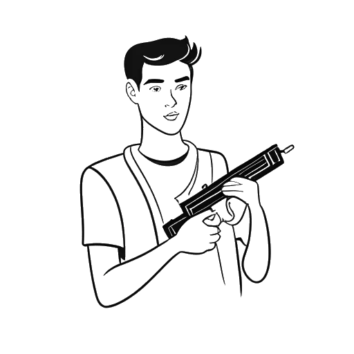 Line art drawing of a young man, representing PewDiePie, holding a laser gun and a heart