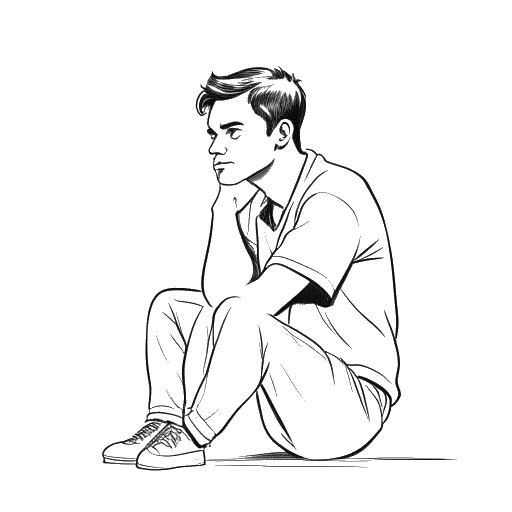 Line art drawing of a young man, representing PewDiePie, sitting quietly with a thoughtful expression