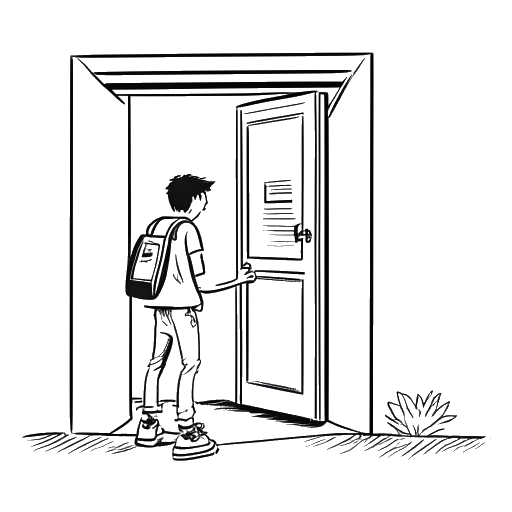 Line art drawing of a teenager, representing PewDiePie, sneaking out of school to go to an internet café