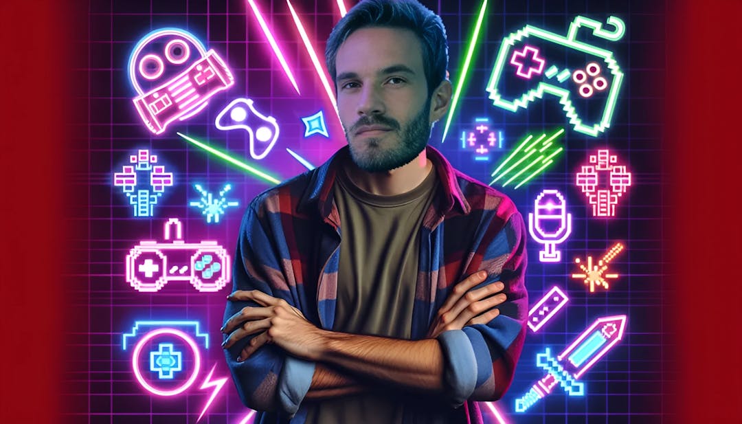PewDiePie sitting in a gaming setup, surrounded by neon lights and colorful game characters. He is looking straight into the camera with a playful expression, showcasing his energetic personality. The background features symbols like lasers and skulls, representing his iconic username. The image is high-resolution and ultra-realistic.