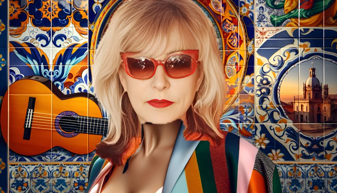 Lio, a Portuguese singer and actress, with a bald head, looking into the camera with confidence. The vibrant image showcases Lio's Portuguese background with colorful tiles and a traditional Portuguese guitar. She is wearing a stylish and contemporary outfit that complements her unique fashion sense. The image evokes energy and passion, capturing Lio's vibrant personality as an influential artist.