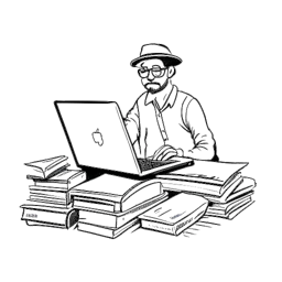 A grayscale illustration of a man representing Simon Whistler, surrounded by numerous historical books and a laptop, showcasing his passion and commitment to educational content creation