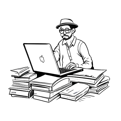 Een grijstinten illustratie van een man die Simon Whistler vertegenwoordigt, omringd door talrijke historische boeken en een laptop, waarbij zijn passie en toewijding voor educatieve contentcreatie worden getoond