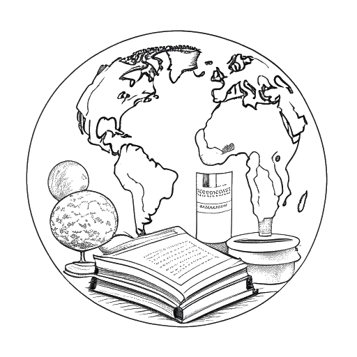 Un boceto en blanco y negro de un hombre que encarna a Simon Whistler, rodeado de un globo terráqueo, libros y una foto familiar, reflejando su dedicación a compartir conocimiento global y apreciar momentos familiares