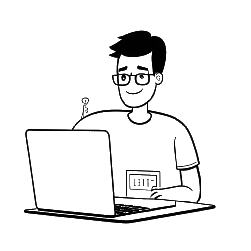 Uma representação monocromática de um homem simbolizando Simon Whistler, segurando um laptop mostrando o canal 'Biographics' com 3 milhões de inscritos, representando suas conquistas na plataforma do YouTube