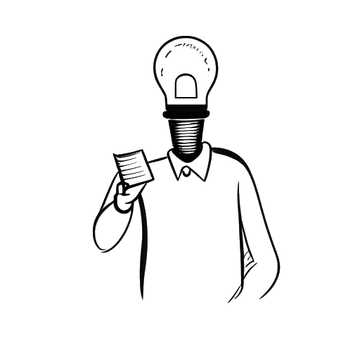 Disegno in bianco e nero di un uomo, rappresentante Simon Whistler, che tiene un libro, con una lampadina sopra la testa.