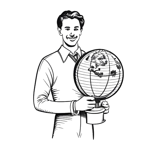Disegno in bianco e nero di un uomo, rappresentante Simon Whistler, che tiene un globo, un libro di storia e un trofeo.