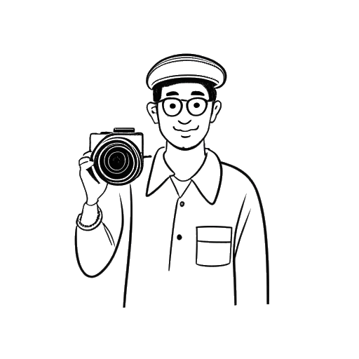 Disegno in bianco e nero di un uomo, rappresentante Simon Whistler, che tiene una pergamena in una mano e una fotocamera nell'altra.