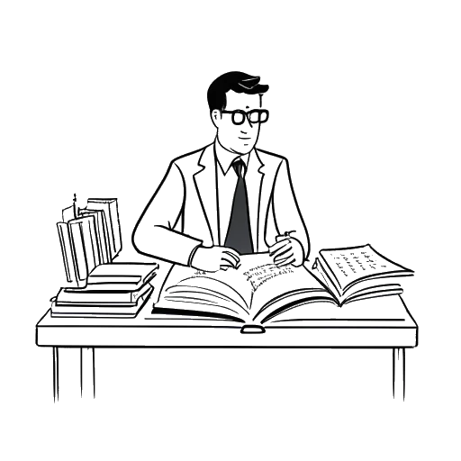 Lijntekening van een man, die Simon Whistler voorstelt, zittend aan een bureau met drie boeken getiteld 'Biografieën', 'Aardrijkskunde' en 'Zakelijke Inzichten'.
