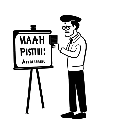 Line art drawing of a man, representing Simon Whistler, holding a chalkboard with 'English' and 'Math' written on it, next to a camera.