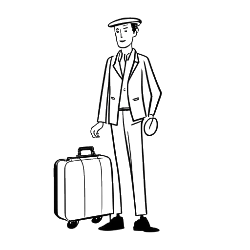 Line art drawing of a man, representing Simon Whistler, holding a suitcase, with one foot in the UK and the other in the Czech Republic.