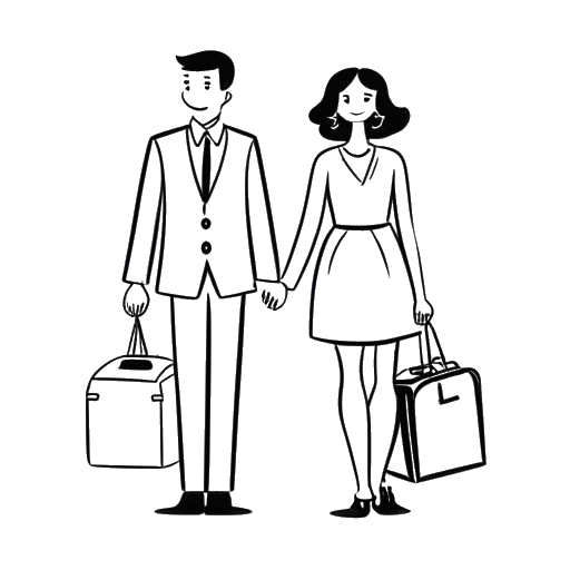 Line art drawing of a man and a woman, representing Simon Whistler and his wife, holding hands, with a suitcase and a diploma in the background.