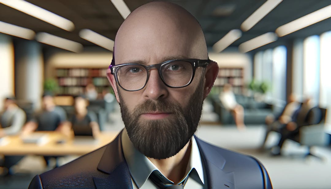 Simon Whistler, um homem careca de terno com barba e óculos, olhando diretamente para a câmera em um ambiente interno profissional, mostrando seus diversos interesses em negócios, direito e criação de conteúdo.