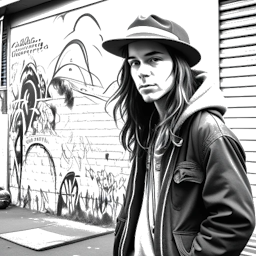 Disegno a linee di un uomo, rappresentante Snoop Dogg, con capelli lunghi, vestito con abiti larghi e un cappello, in piedi in una strada cittadina piena di graffiti.