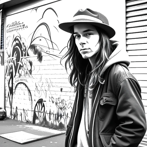 Dibujo de línea de un hombre, que representa a Snoop Dogg, con cabello largo, vistiendo ropa holgada y un sombrero, parado en una calle de la ciudad llena de graffiti.