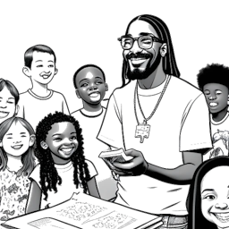 Lijntekening van Snoop Dogg, die een cheque overhandigt aan vertegenwoordigers van Children's Hospital Los Angeles, omringd door lachende kinderen.