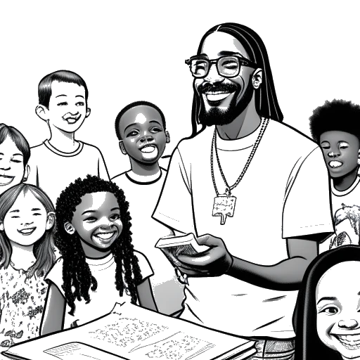 Dibujo de línea de Snoop Dogg, entregando un cheque a representantes del Children's Hospital Los Angeles, rodeado por niños sonrientes.