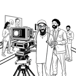 Strichzeichnung von Snoop Dogg, auf einem Filmset, der eine Filmklappe hält, umgeben von Kameras und Crewmitgliedern.