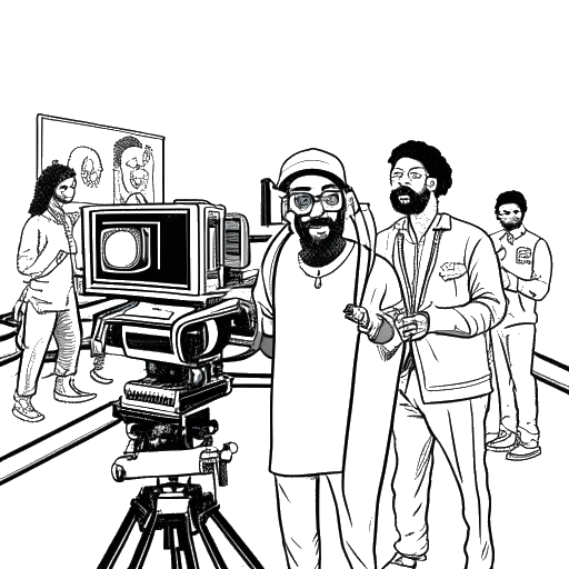 Desenho em arte de linha de Snoop Dogg, em um set de filmagem, segurando uma claquete cercado por câmeras e membros da equipe.