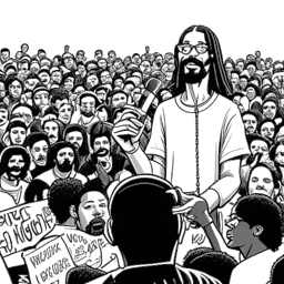 Line art drawing of Snoop Dogg, speaking at a podium, surrounded by a diverse crowd, holding signs with messages related to equality and justice.