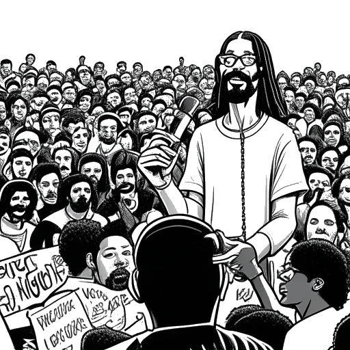 Line art drawing of Snoop Dogg, speaking at a podium, surrounded by a diverse crowd, holding signs with messages related to equality and justice.